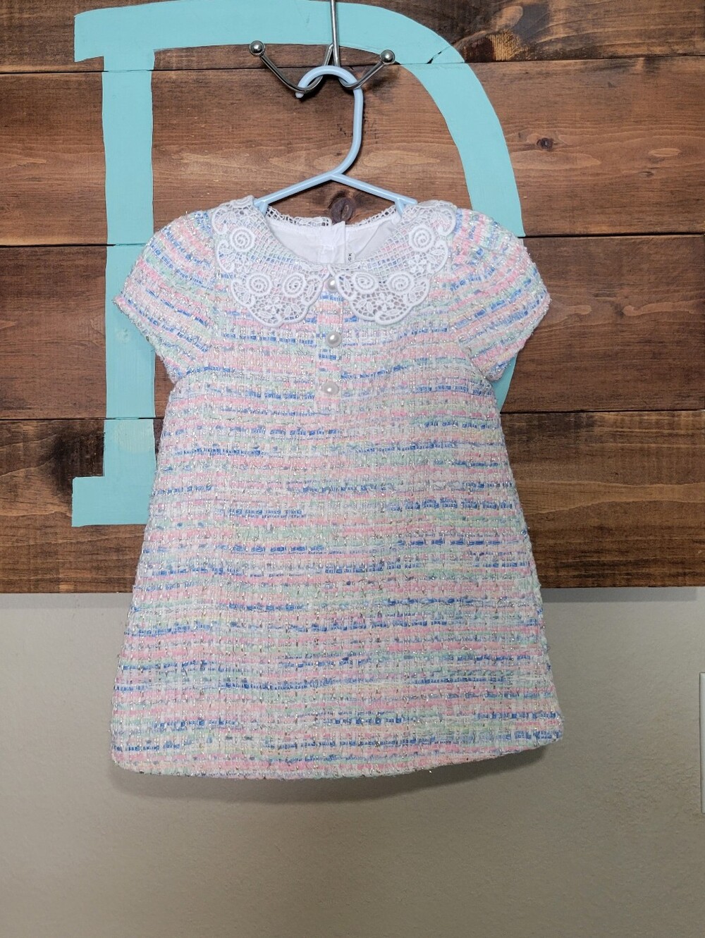 Janie and Jack Pastel Tweed Dress with White Lace Collar - Pink & Blue 18 To 24